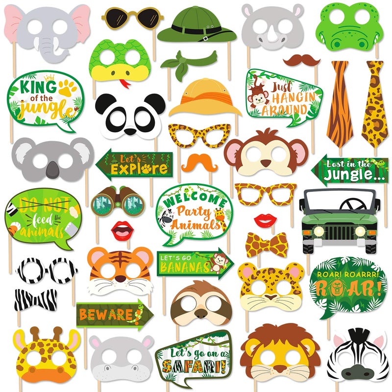 Bessmoso 41PCS Jungle Safari Photo Booth Props Wild Animals Forest Themed Party Props Kit for Jungle Safari Kids Baby Shower Birthday Party Decorations Supplies - Image 1